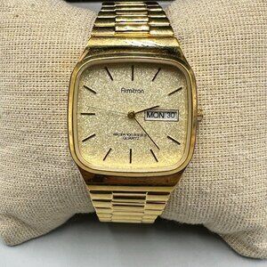 Armitron Watch Men Gold Tone Rounded Square Dial Stretch Band New Battery 6.75"